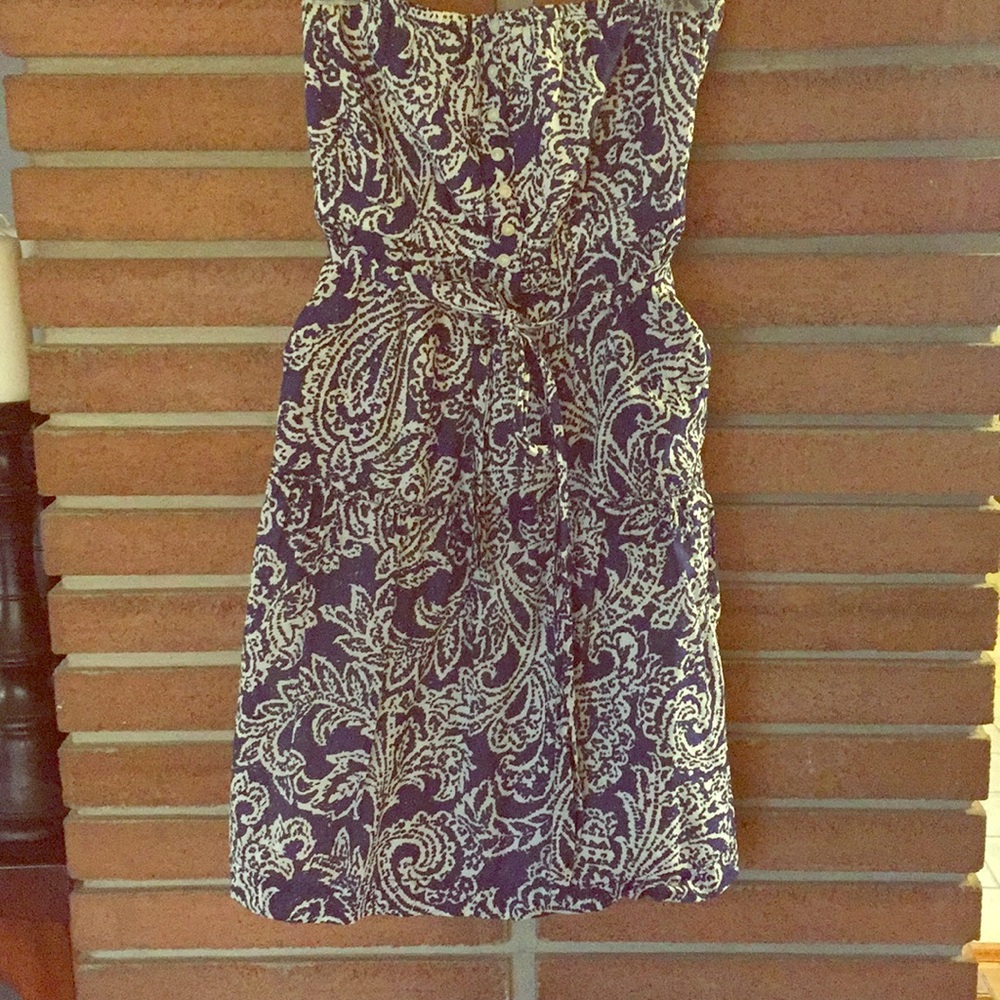 Navy blue and white strapless dress